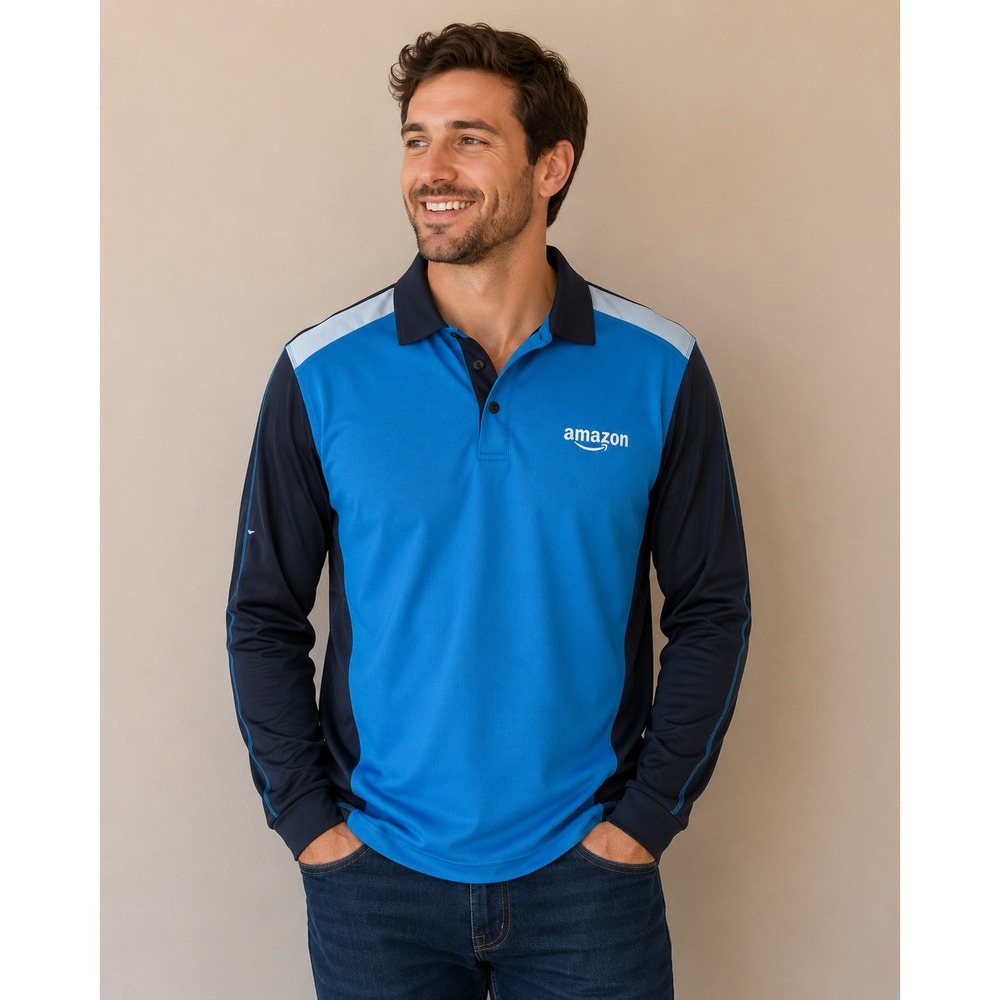 Amazon Active Polo Long Sleeve Mens Large Blue Black Uniform Delivery Driver